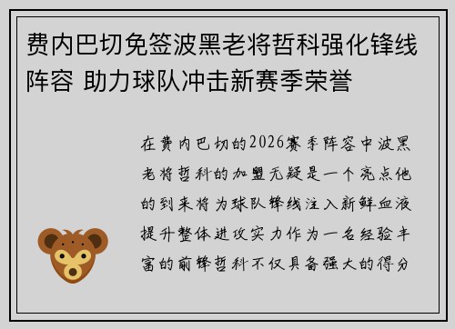 费内巴切免签波黑老将哲科强化锋线阵容 助力球队冲击新赛季荣誉 费内巴切免签波黑老将哲科强化锋线阵容 助力球队冲击新赛季荣誉